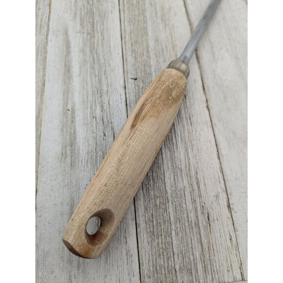 Vintage EKCO Chrome Plated Solid Meat Utility Fork Tan Wood Handle 13" - Picture 6 of 8